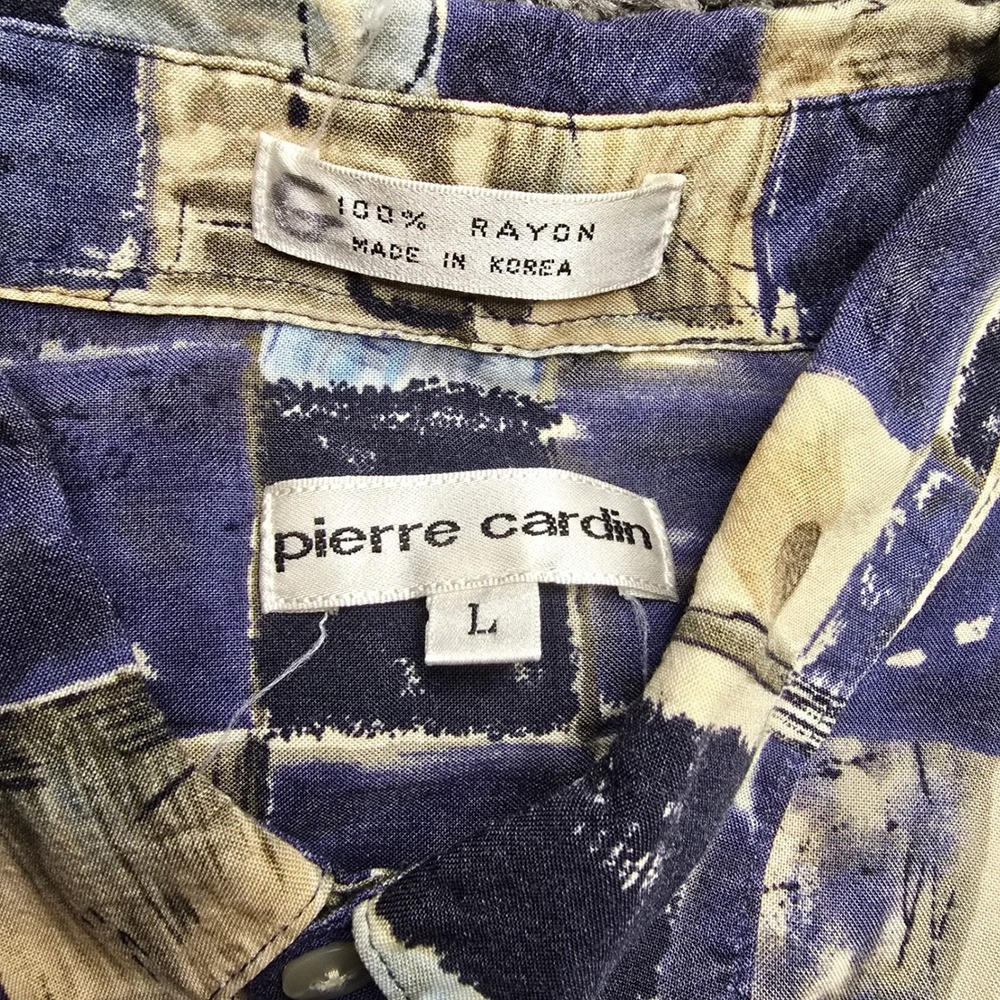 Pierre Cardin Mens Large Blue Tan Abstract Geometric Rayon Short Sleeve Shirt - Picture 4 of 5